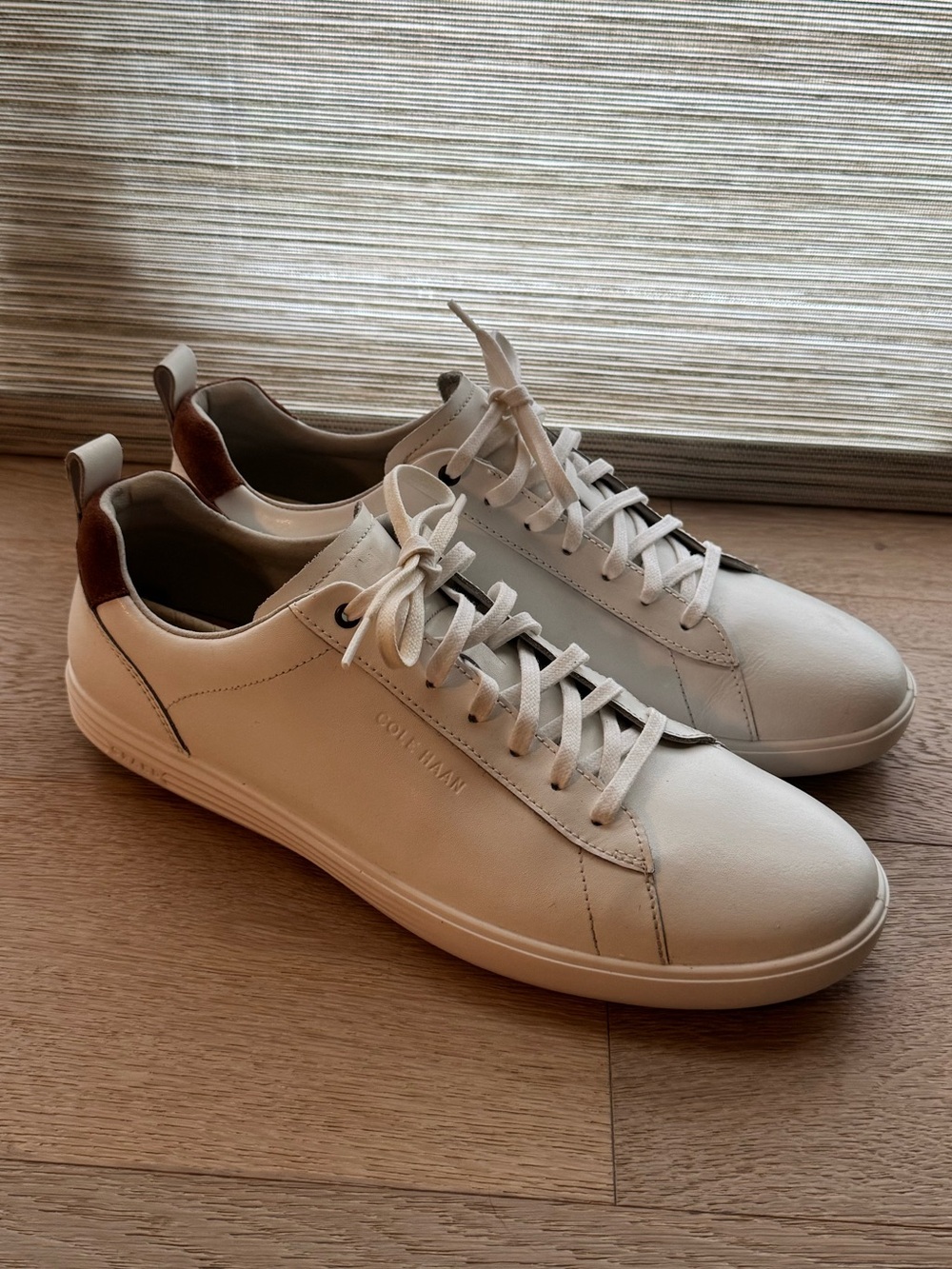 NWOB “Cole Haan” White Leather Sneakers with Brown Heel Accent